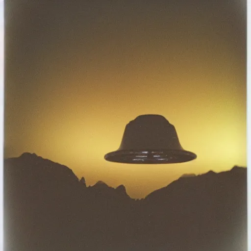 Image similar to a ufo flying over a mountain at night, distant!!, historical photo, old polaroid, expired film,