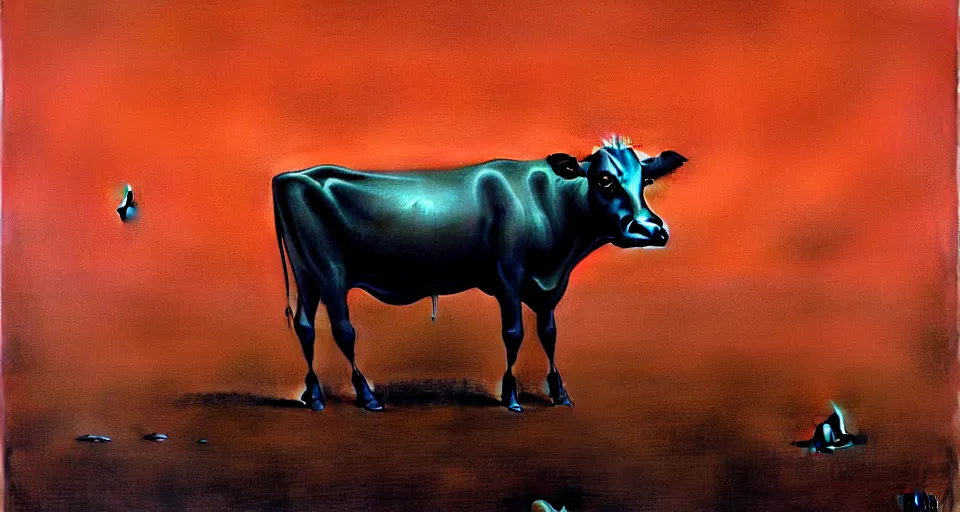 Prompt: Cow sitting in lotus position by Zdzisław Beksiński, technology and magic, intricate, highly detailed, digital painting, lightbright, sharp focus
