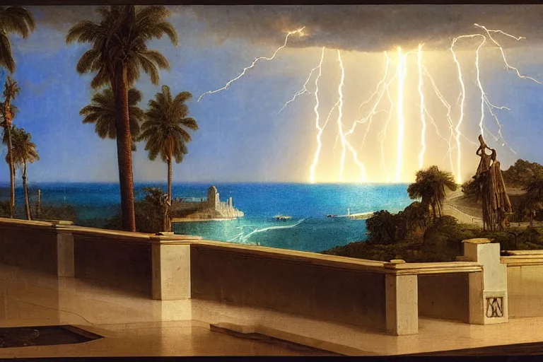 Image similar to mediterranean balustrade, refracted lightnings on the ocean, thunderstorm, greek pool, beach and Tropical vegetation on the background major arcana sky and occult symbols, by paul delaroche, hyperrealistic 4k uhd, award-winning, very detailed paradise