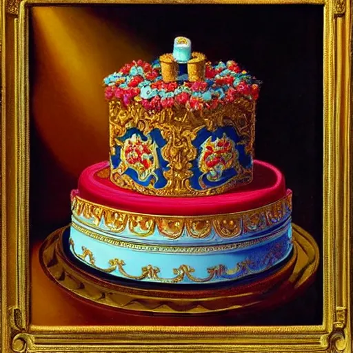 Prompt: painting of a baroque cake by greg hildebrandt