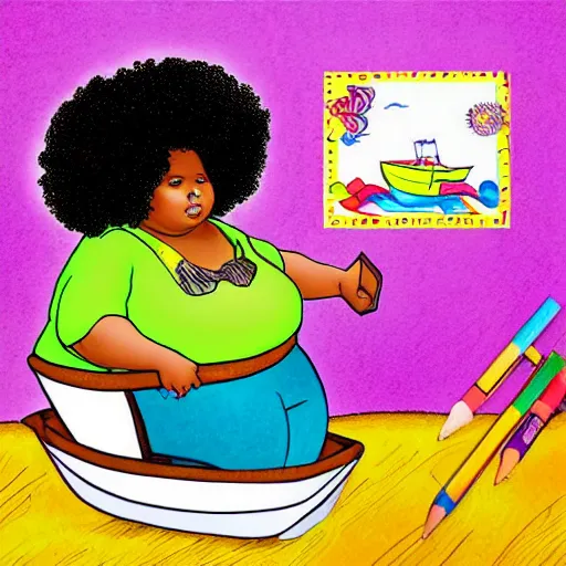 Image similar to a fat girl with a big afro sitting in a boat who is eating crayons