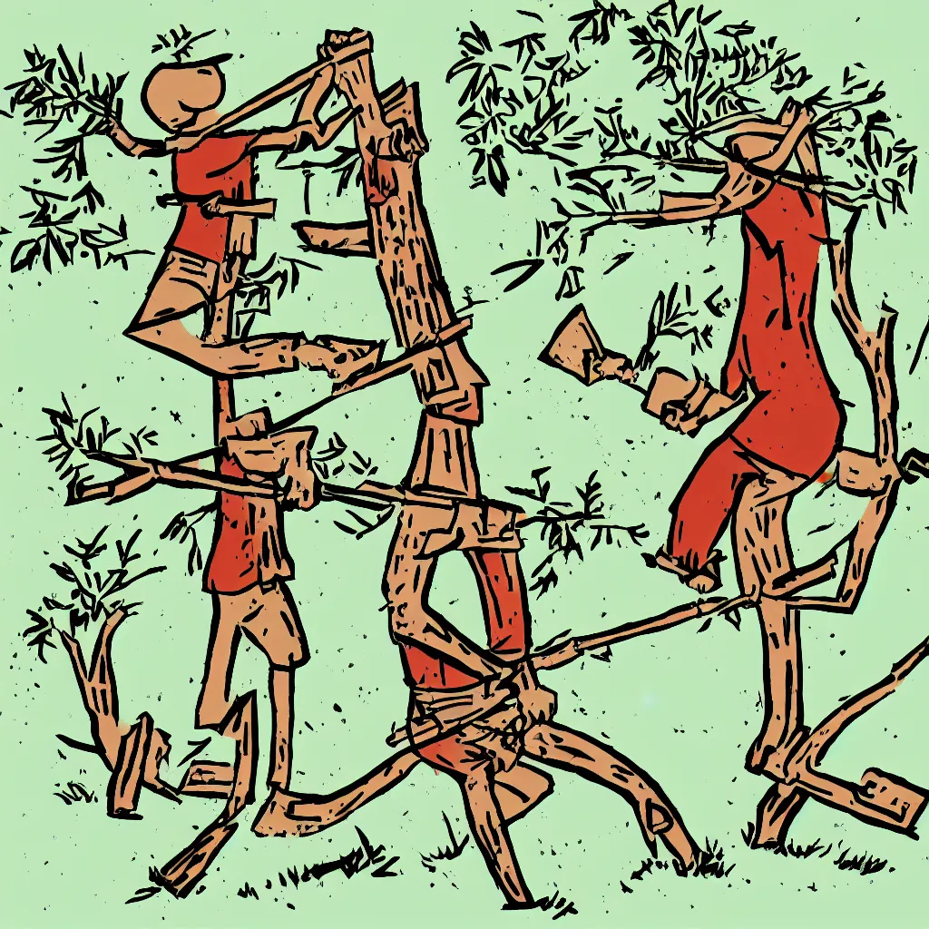 Prompt: xkcd style illustration of a stick figure, trying to chop a tree with a blunt axe.