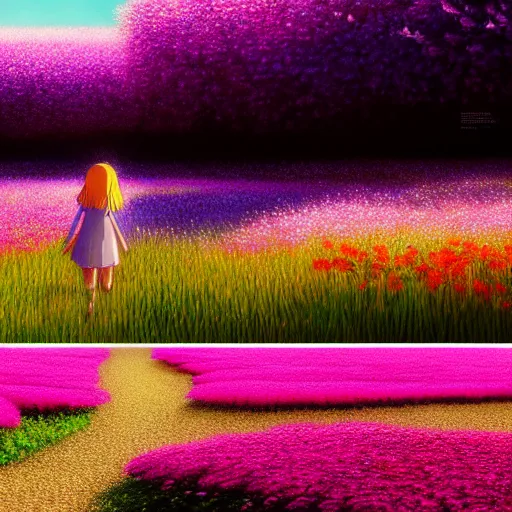 Image similar to a beautiful ultra - detailed panorama of a girl walking through a field of colorful flowers by beeple, studio ghibli, makoto shinkai, wallpaper, highly detailed, trending on artstation, anime