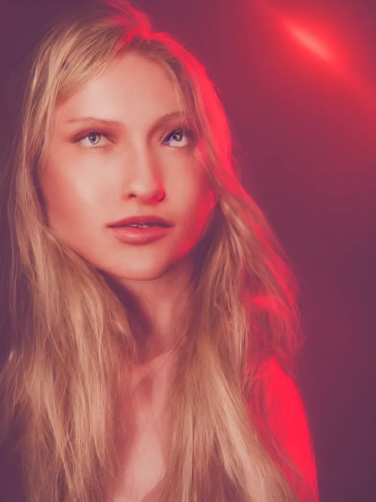 Prompt: photograph of a pretty blond woman illuminated with red light, soft light, night