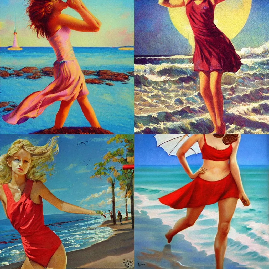 Prompt: everlasting summer, soviet games, art, beach, girl