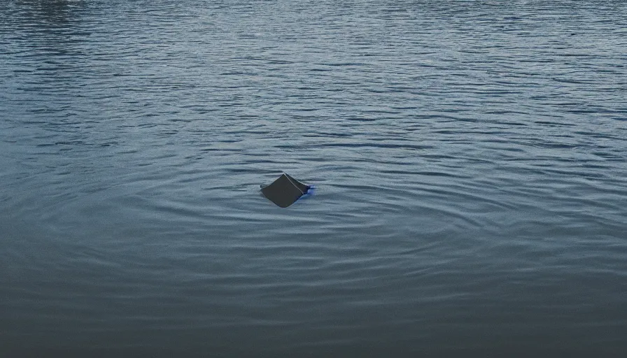 Image similar to photograph of a centered rope floating on the surface of the water, the rope is snaking towards the center of the lake, a dark lake on a cloudy day, anamorphic lens, kodak color film stock