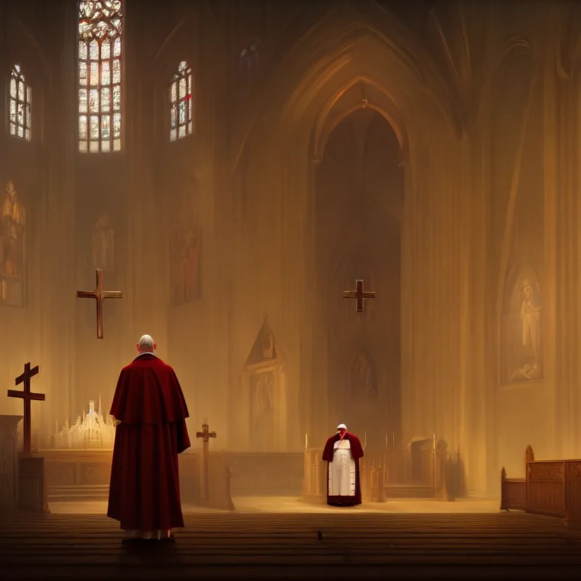 Prompt: pope standing in a curch, digital painting, greg rutkowski, artstation, cinematic, matte painting