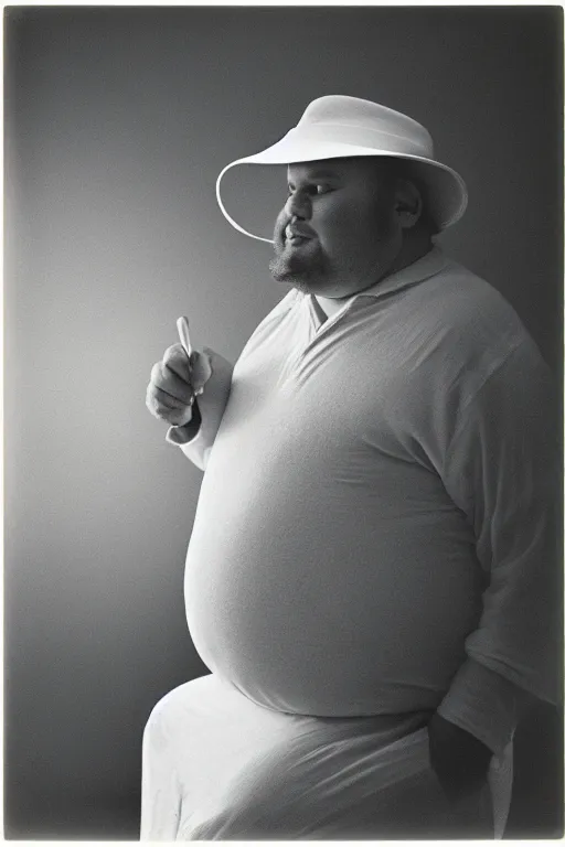 Image similar to close-up photography, portrait of fat man in white hat, soft light, 35mm, film photo, Joel Meyerowitz