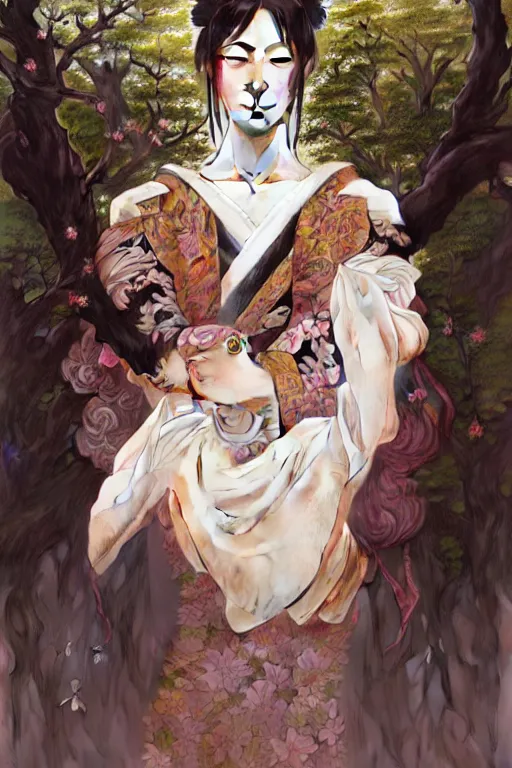 Prompt: Portrait of japanese llama, D&D, dark fantasy, anthro portrait, sakura blooming on background, intricate, elegant, highly detailed, digital painting, artstation, concept art, smooth, sharp focus, illustration, art by artgerm and greg rutkowski and alphonse mucha, daily deviation