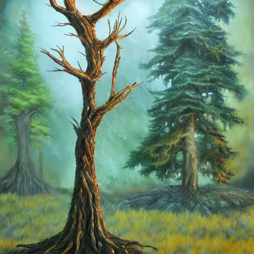 Prompt: A 10 year old tree, fantasy painting, lots of detail