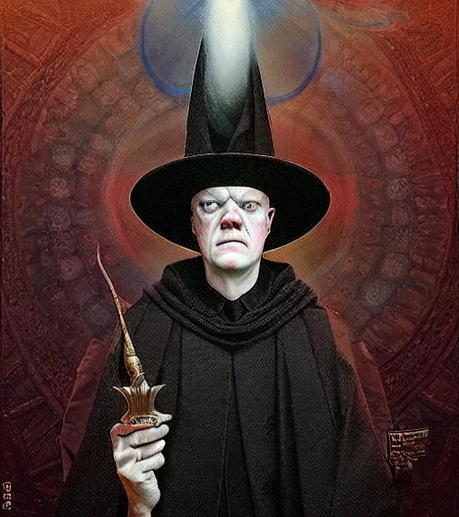 Image similar to A Magical Portrait of Jesse Plemons as Aleister Crowley the Great Mage of Thelema, art by Tom Bagshaw and Wayne Barlowe and John Jude Palencar