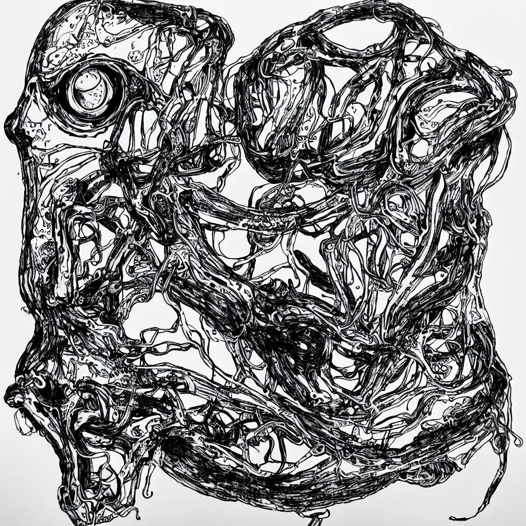 Image similar to ultra precise fineliner drawing of a machine which embeds a man inside a squid, minimal injury, maximal squidification. black marker pen on white gloss paper. gallery quality, winner of nobel prize for insanity