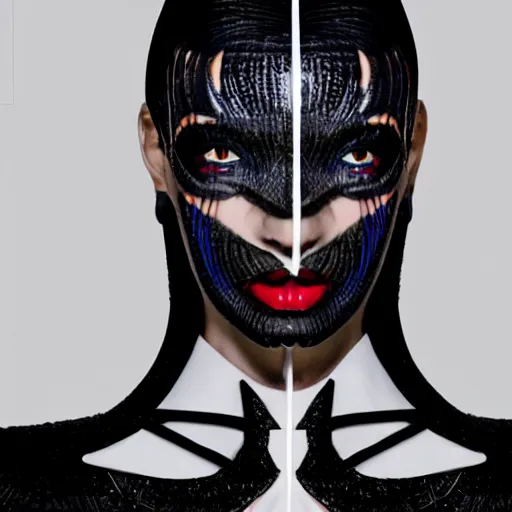 Image similar to close up of face from a fashion model with edgy black Thierry Mugler dress in circuit style, official Thierry Mugler editorial, fall-winter 2015-2016, highly detailed