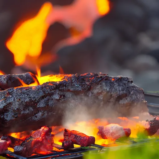 Image similar to bbq party inside of an active volcano, meat, lava, party, at golden hour, bokeh, 3 2 megapixel