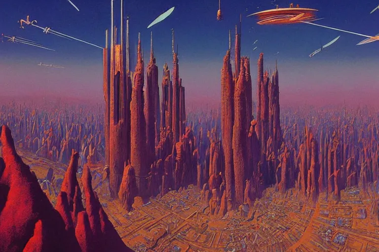 Prompt: cloisonnism painting of megacity 1 from judge dredd megacity 1 from judge dredd in no mans sky no mans sky | clear crisp view, masterpiece moebius syd mead bekskinski