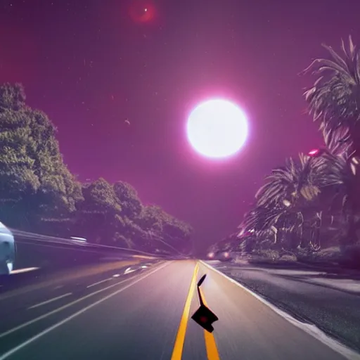 Prompt: home movie footage from the early 2 0 0 0 s of a hyperintelligent otherworldly humanoid mantaray from beyond the stars landing in the middle of a busy road while cars swerve around it under a crimson colored eclipse, cgi, proper anatomy, sci fi fantasy, photorealistic, trending on artstation, national geographic