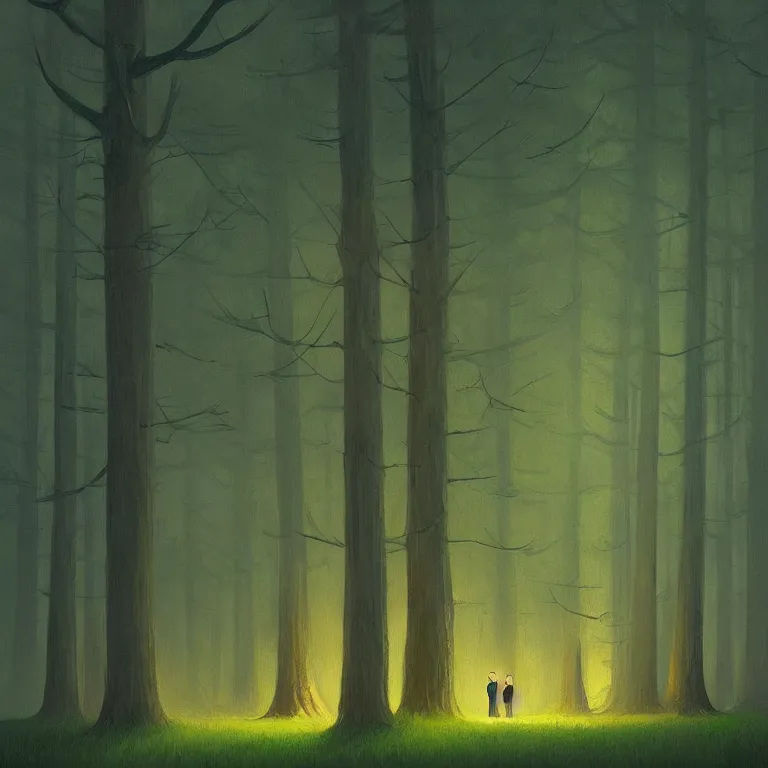 Image similar to a storybook illustration of a hidden forest grove, fireflies, quiet night foggy scene painted by Edward Hopper masterpiece, intricate, elegant, fantasy, highly detailed, digital painting, concept art, sharp focus, artstation