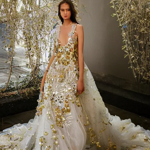 Image similar to a long wedding dress with a train made of flower petals made of light - colored fabric. transparent in places. in places, patterns of precious stones. intricate patterns of gold thin threads. fantasy. clear details