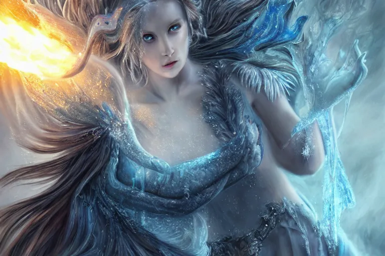 Prompt: Majestic beautiful young female ice goddess!! fighting a beautiful evil fire goddess!! intricate, epic, elegant, menacing, fantasy, highly detailed, digital painting, hard focus, beautiful volumetric lighting, epic light, ultra detailed, souls, smoke, icicle, frozen by Leesha Hannigan, Ross Tran, Thierry Doizon, Kai Carpenter, Ignacio Fernández Ríos