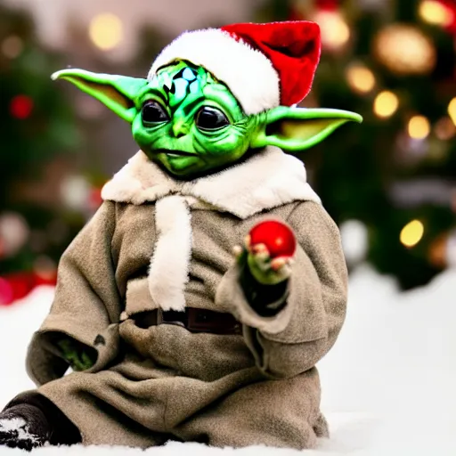 Image similar to , baby yoda wears a christmas outfit in front of a christmas tree. there is snow everywhere. realism, 8 k, 4 k, mandalorian ( tv ).