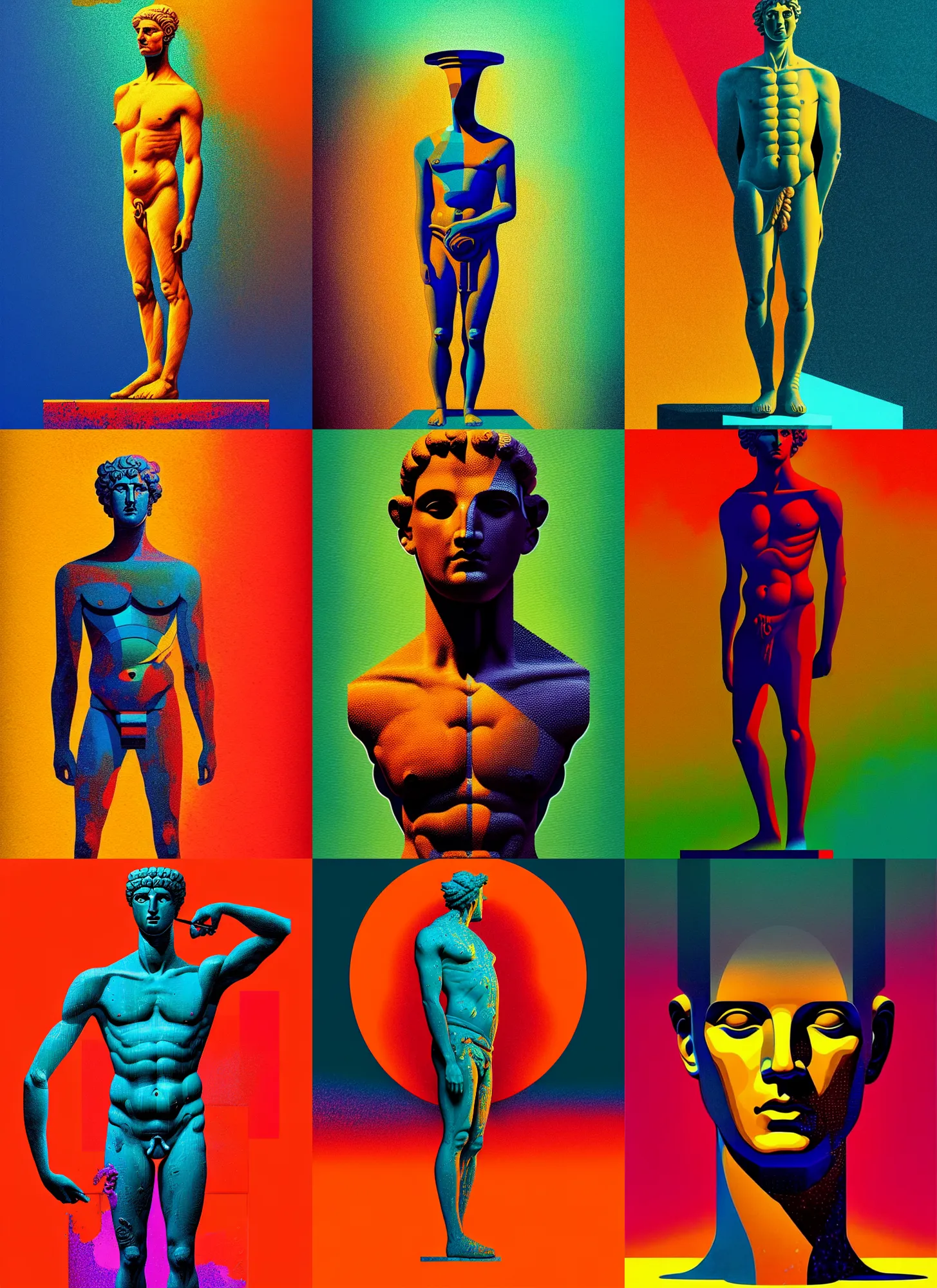 Prompt: ( ( dither ) ), editorial illustration full body portrait of a ancient greek statue, paint pour, modern art deco, colorful, ( ( mads berg ) ), christopher balaskas, victo ngai, moebius, rich grainy texture, detailed, dynamic composition, wide angle, bauhaus, geometric