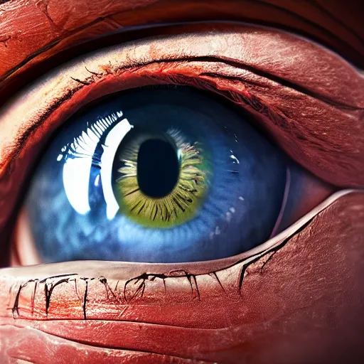 Image similar to hyperrealisitc extremely detailed life like image of human eye, made in unreal engine 5, octane render, 1 6 k hd, realisitc, ray tracing, detailed, intricate