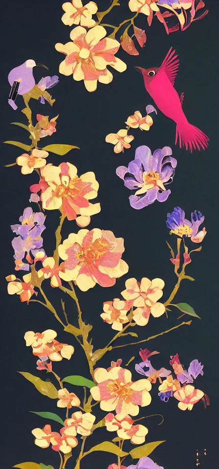 Prompt: birds and flowers. gouache and gold leaf work by the award - winning mangaka, bloom, chiaroscuro, backlighting, depth of field.