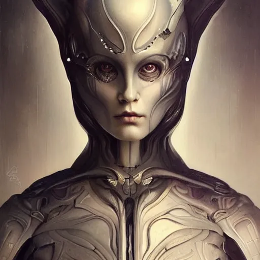 Image similar to by Tom Bagshaw, ultra realist soft painting of giger universe of curiosities, single female Xeno mutation in gothic armor, partial symmetry accurate features, very intricate details, focus, curvy, award winning, ultra dense fog