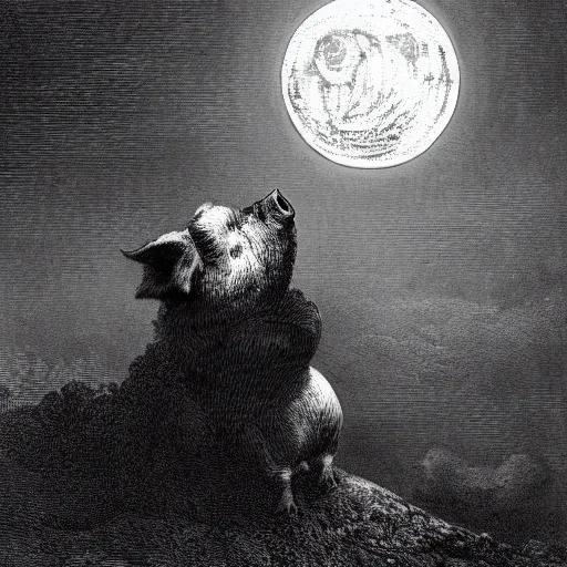 Image similar to pig in a tuxedo in front of the moon, dark clouds, high detail, dramatic light, illustration by gustave dore