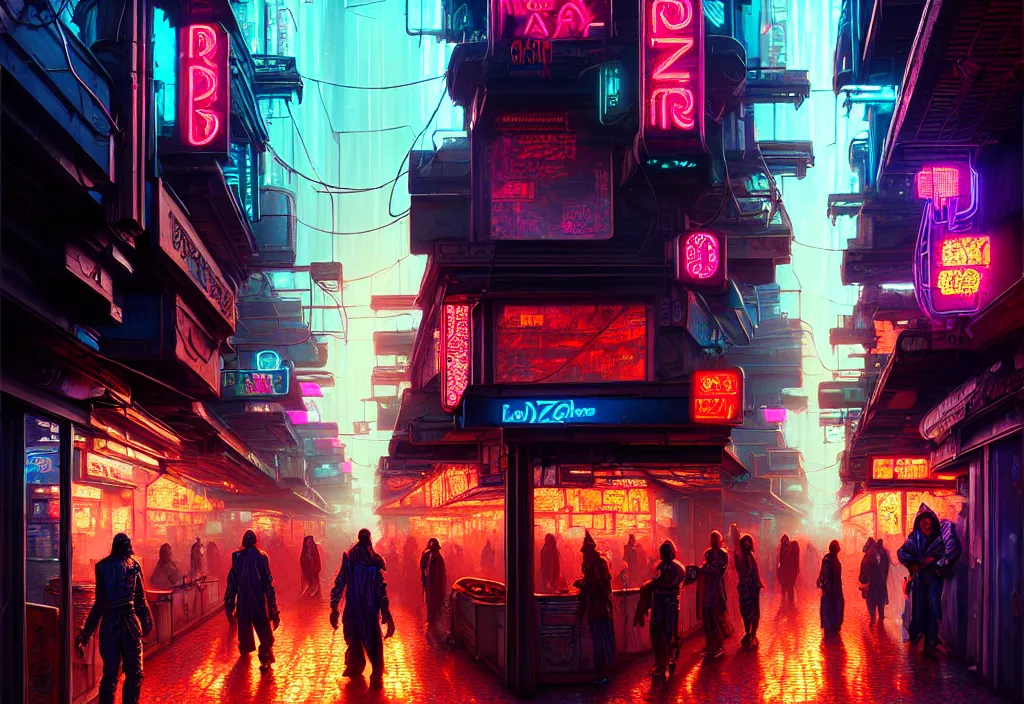 Image similar to a highly detailed bazaar street in the cyberpunk megacity of new washington, amazing cyberpunk digital painting, by gerald brom, brom digital art, intricate details, ultra realistic, beautiful art, volumetric lighting, ultra realistic, by art germ, by brom, trending cgsociety, artstation, rim lighting, cool neon lights, crowded, 8 k