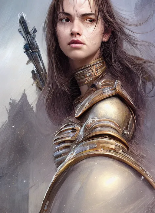 Image similar to a professional portrait of a beautiful young female, clothed in ethereal battle armor, olive skin, long dark hair, beautiful bone structure, symmetrical facial features, intricate, elegant, digital painting, concept art, smooth, sharp focus, finely detailed, illustration, from Valerian and the City of a Thousand Planets, in the style of Ruan Jia and Mandy Jurgens and Artgerm and Greg Rutkowski and William-Adolphe Bouguerea