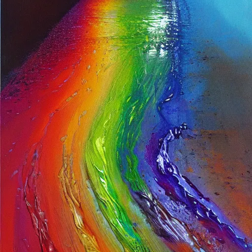 Prompt: a rainbow colored stream of water in the middle of a street, an oil painting by john armleder, featured on tumblr, environmental art, irridescent, iridescent, vibrant colors