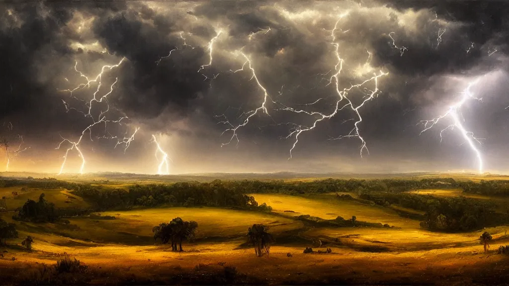 Image similar to the most beautiful panoramic landscape, oil painting, rain on a farm, menacing clouds, night, lightning, cinematic lighting, highly detailed, very realistic