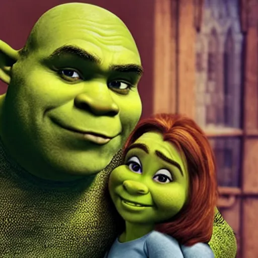 Prompt: Shrek is hugging Denzel Washington