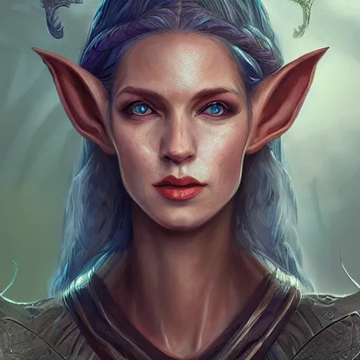 Image similar to portrait of an elf queen, D&D, fantasy, highly detailed, digital painting, artstation, concept art, smooth, sharp focus, illustration, art by Annie Leibovitz and Marta Dahlig