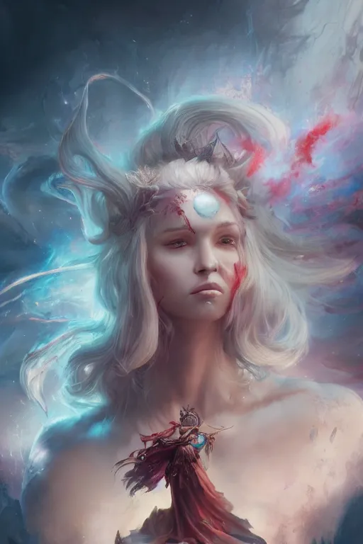 Prompt: beautiful girl sorcerer in blood skin, casting magic spell, angel, magic storm and thunder clouds, fantasy, magic the gathering, hyper detailed, 3 d render, hyper realistic detailed portrait, peter mohrbacher, wlop, ruan jia, luis royo