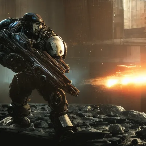 Prompt: killer robots in gears of war, splash art, movie still, cinematic lighting, ray tracing, octane render, long lens, shallow depth of field, bokeh, anamorphic lens flare, 8 k, hyper detailed, 3 5 mm film grain