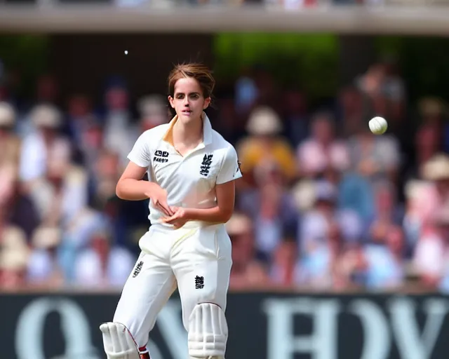 Image similar to emma watson opens the batting for england at lord's cricket ground, photograph, 1 8 0 mm, sports photography, bokeh, dramatic,