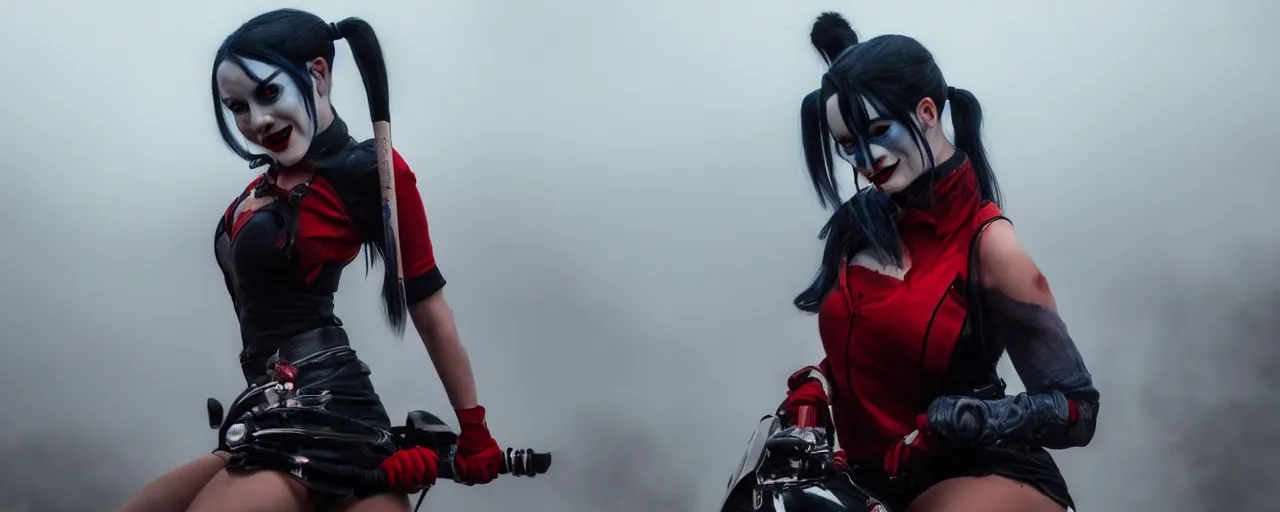 Prompt: real-life Harley Quinn riding a motorcycle holding a baseball bat, cinematic, Low angle, atmospheric fog and lighting, center frame, rule of thirds, trending on Artstation, Movie Still