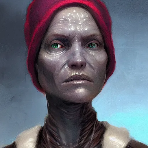 Prompt: portrait of a woman by greg rutkowski, female twi'lek, green skin, wool cap, star wars expanded universe, she is about 6 0 years old, wearing uniform of the galactic alliance navy, highly detailed portrait, digital painting, artstation, concept art, smooth, sharp foccus ilustration, artstation hq