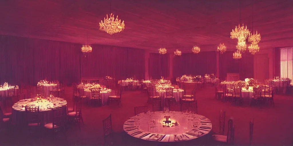 Image similar to a phantom hovers inside of a banquet hall. dramatic soft color lighting ( 1 9 8 4 ).