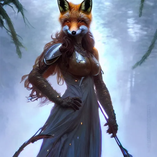 Prompt: photo of a humanoid fox were a heroic dress an armour in the forest, long hair, highly detailed, digital painting, artstation, smooth, sharp focus, illustration, art by artgerm and greg rutkowski and alphonse mucha