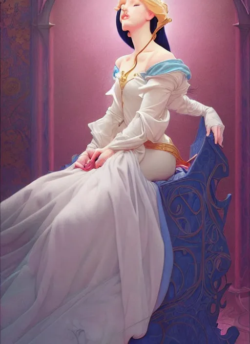 Image similar to portrait of disney sleeping beauty, intricate, elegant, highly detailed, my rendition, digital painting, artstation, concept art, smooth, sharp focus, illustration, art by artgerm and greg rutkowski and alphonse mucha and uang guangjian and gil elvgren and sachin teng, symmetry!!