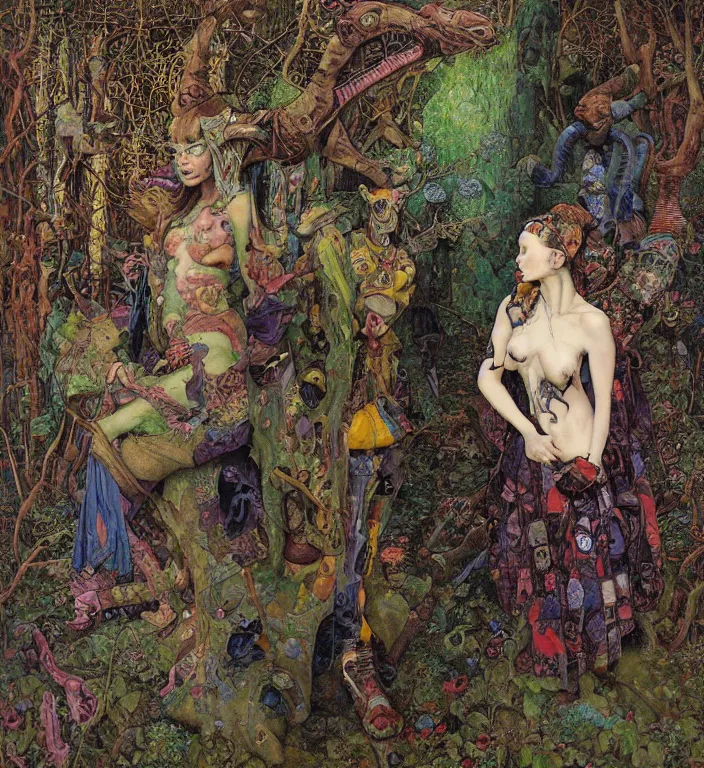 Prompt: pixelated corrupted professional pre-raphaelite defined colours 4k uncropped photo of a punk person in the cyberpunk forest with a goat and a robot by Ivan Bilibin, Austin Osman Spare, Norman Rockwell, high quality, ultra detailed. Beksinski painting, part by Adrian Ghenie and Gerhard Richter. art by Takato Yamamoto. masterpiece, oil on canvas painting, pixelart, vivid acid neon colours.