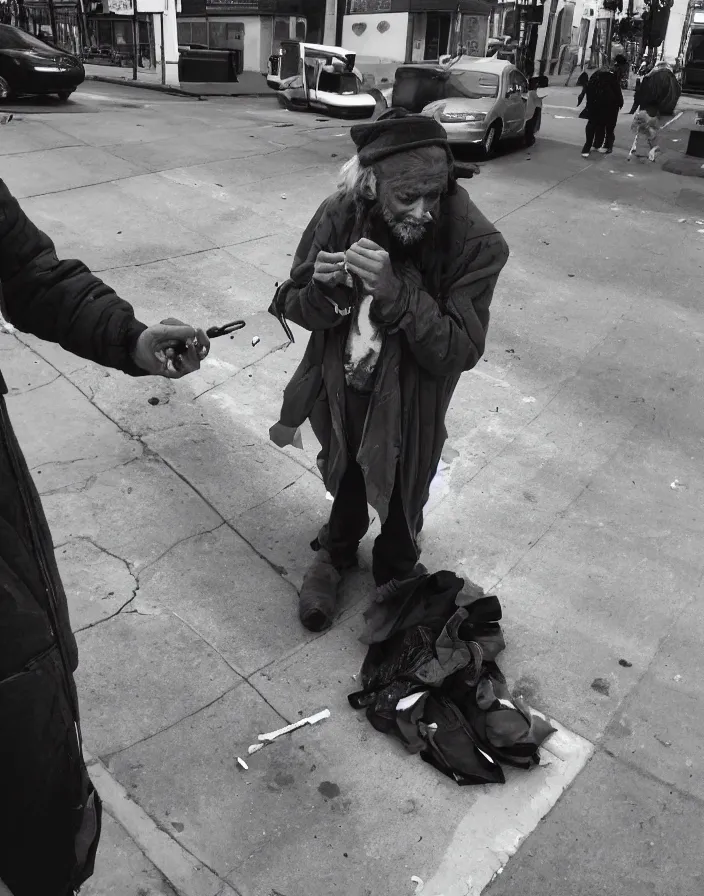 Image similar to phone photo of a homeless man showing off a crack pipes, bad quality, phone photo, leaked photo, paparazzi photo, realistic, 720p