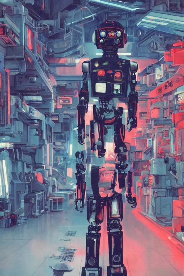 Image similar to CHAPPIE robot In A Red Adidas Track Suit In Neo Tokyo with Die Antwoord and Aphex Twin DJing in the Background , full figure, stormy weather, extremely detailed masterpiece, low-key neon lighting, artstation, 2001: A Space Odyssey, Roger Deakin’s cinematography, by J. C. Leyendecker and Peter Paul Rubens and Edward Hopper and Michael Sowa