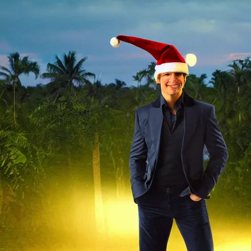 Prompt: tom cruise in costume with a christmas hat. tropical forest in the background. sunset lighting. santa claus is coming on the right.