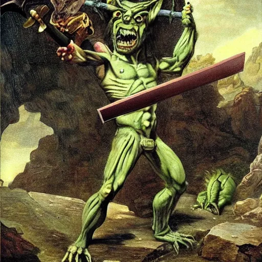 Image similar to dog - faced muscular goblin, ugly face, lizard tail, holding scimitar made of bone, scimitar, sword, jagged sword, curved sword, orkish sword, colorized, green skin, hyper - detailed, primeval fantasy, prehistoric fantasy, art by jacques - louis david