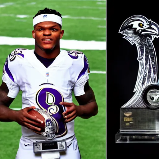 Image similar to portrait. lamar jackson baltimore ravens. holding lombardi trophy. sports photo. award winning photograph. lamar jackson's detailed face