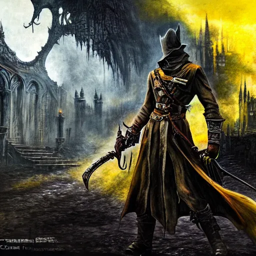 Prompt: Bloodborne hunter in yellow robes fighting a living singularity. Concept art. Detailed. Trippy.